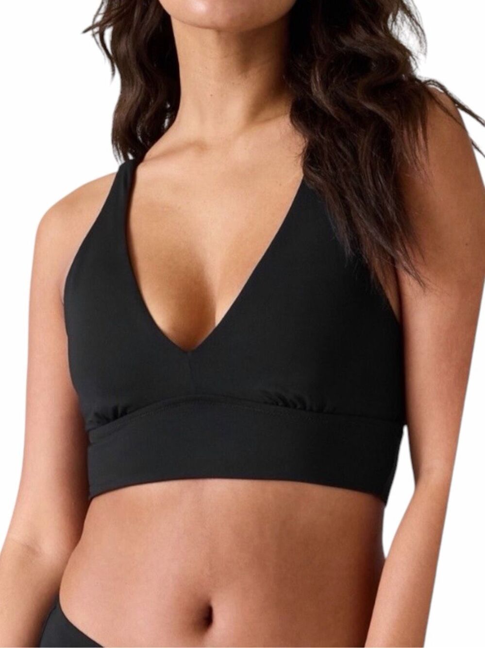 ATHLETA Longline Plunge Bikini Top Black Crisscross Tie Back Large Style# 530867
